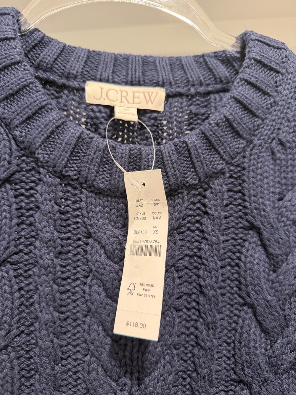 NEW J.CREW Cable-knit Crewneck Sweater Size XS Navy CN860 100% cotton - Picture 9 of 10